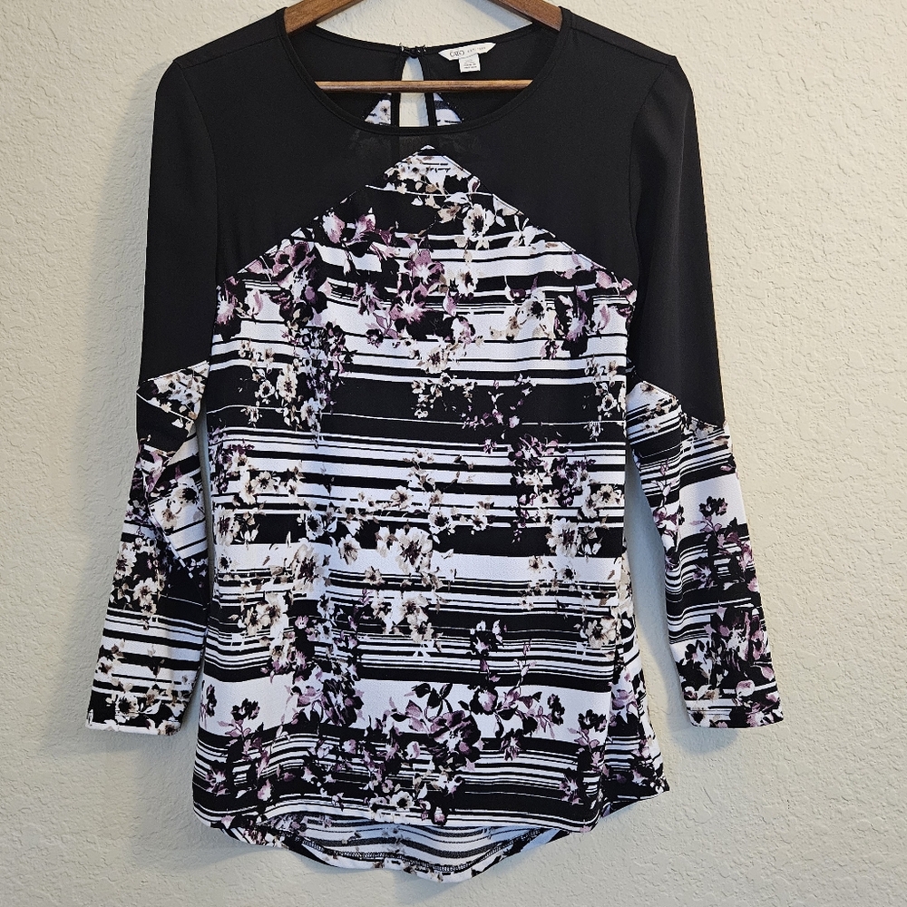 Cato Blouse Womens XS Black Purple Cream Floral